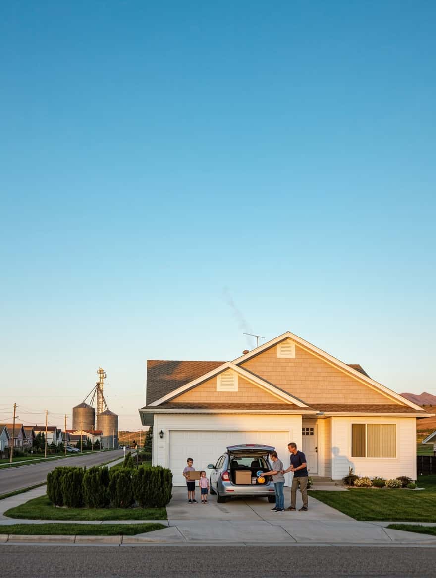 Best places to live in Alberta: a family arriving at a new home on a quiet street in a small Alberta city