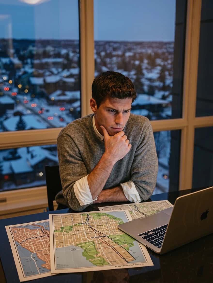 Calgary vs Toronto vs Vancouver: a newcomer comparing city maps and a laptop at a kitchen table