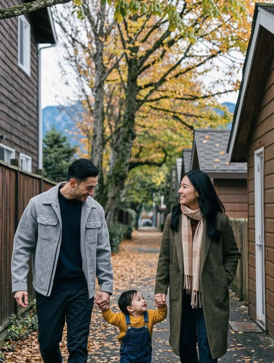 Canada immigration from Hong Kong: a family walking through a Vancouver neighbourhood in autumn