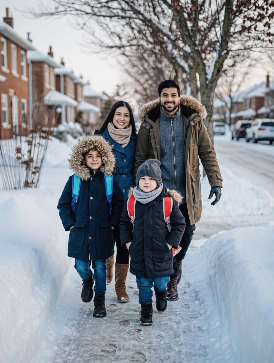 Canada immigration from Pakistan: a family walking a snowy residential street in a Canadian city