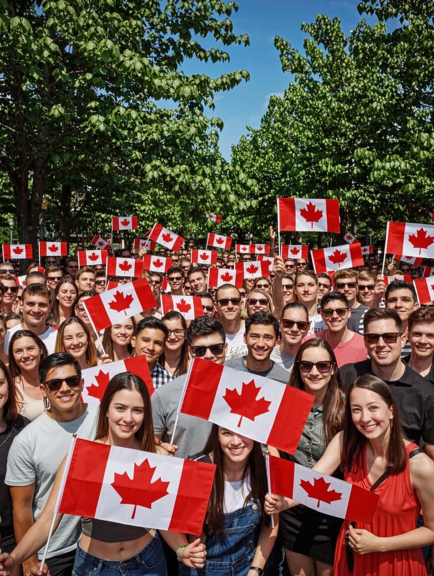 Canada's immigration levels plan: a crowd of new Canadians waving flags at a citizenship celebration