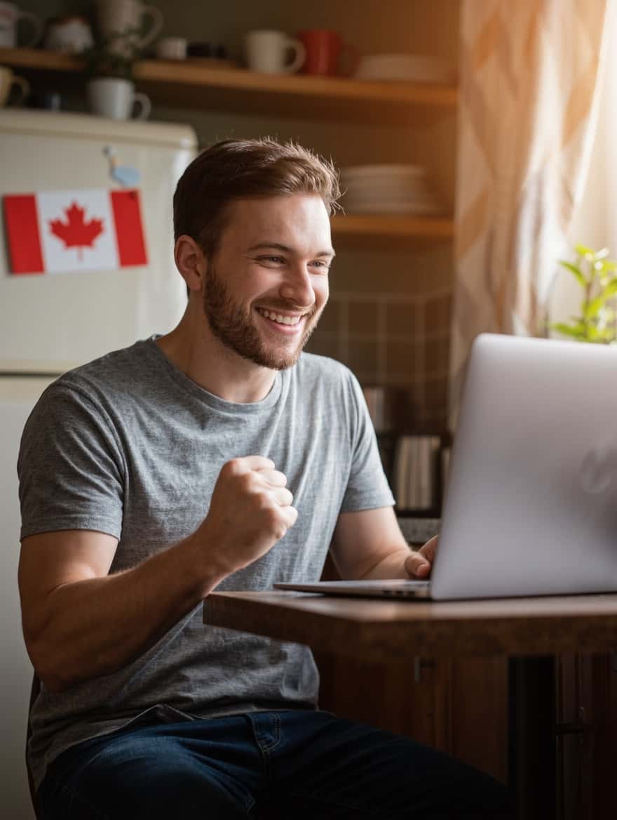 A man at his home desk celebrating an Express Entry ITA, the invitation to apply for permanent residence
