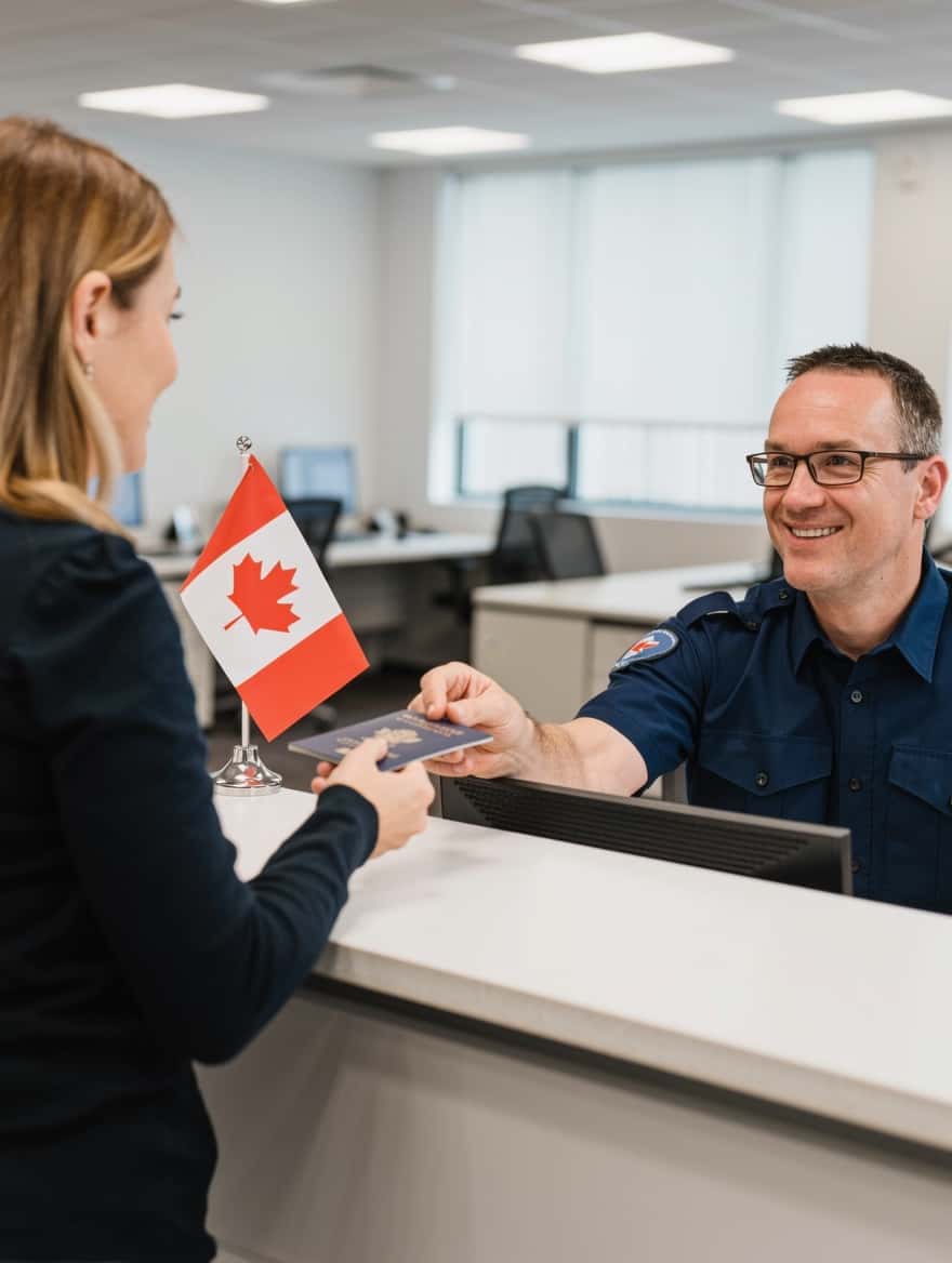 First steps after landing in Canada: a newcomer handing a passport across a government service counter