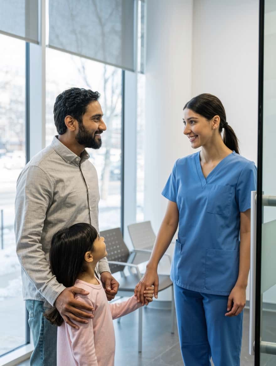 Healthcare for newcomers in Canada: a father and daughter greeted by a nurse at a family clinic
