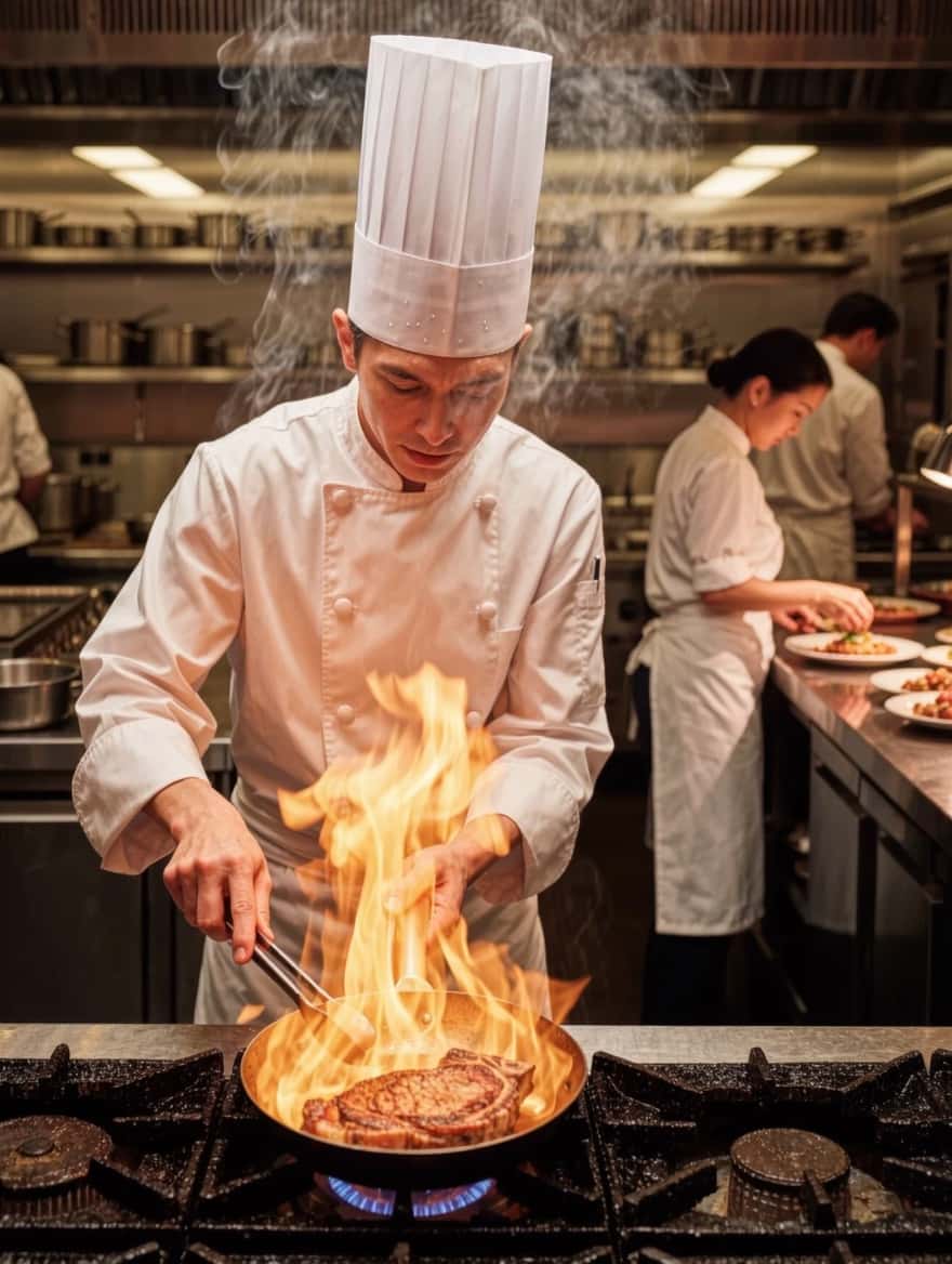Immigrate to Canada as a chef: a chef searing a steak in a busy restaurant kitchen