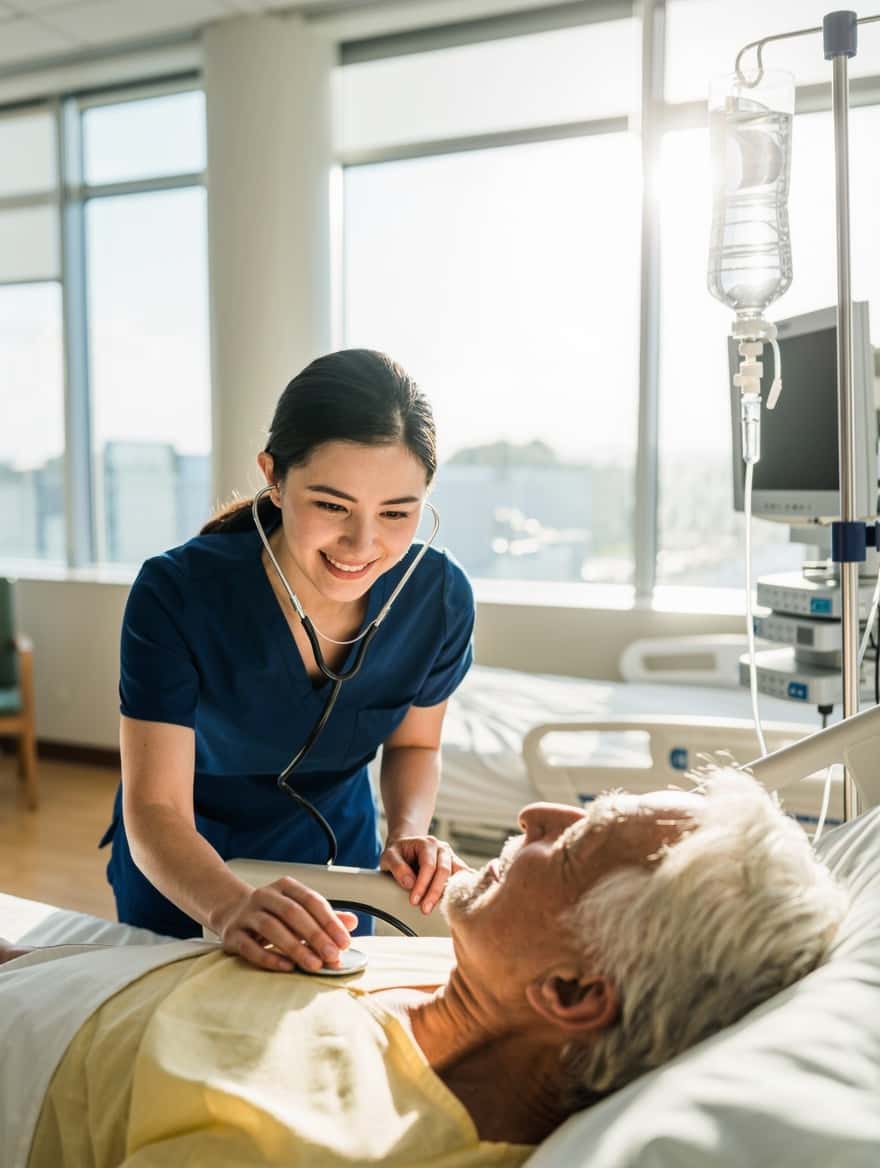 Immigrate to Canada as a nurse: a nurse checking on a patient in a Canadian hospital ward