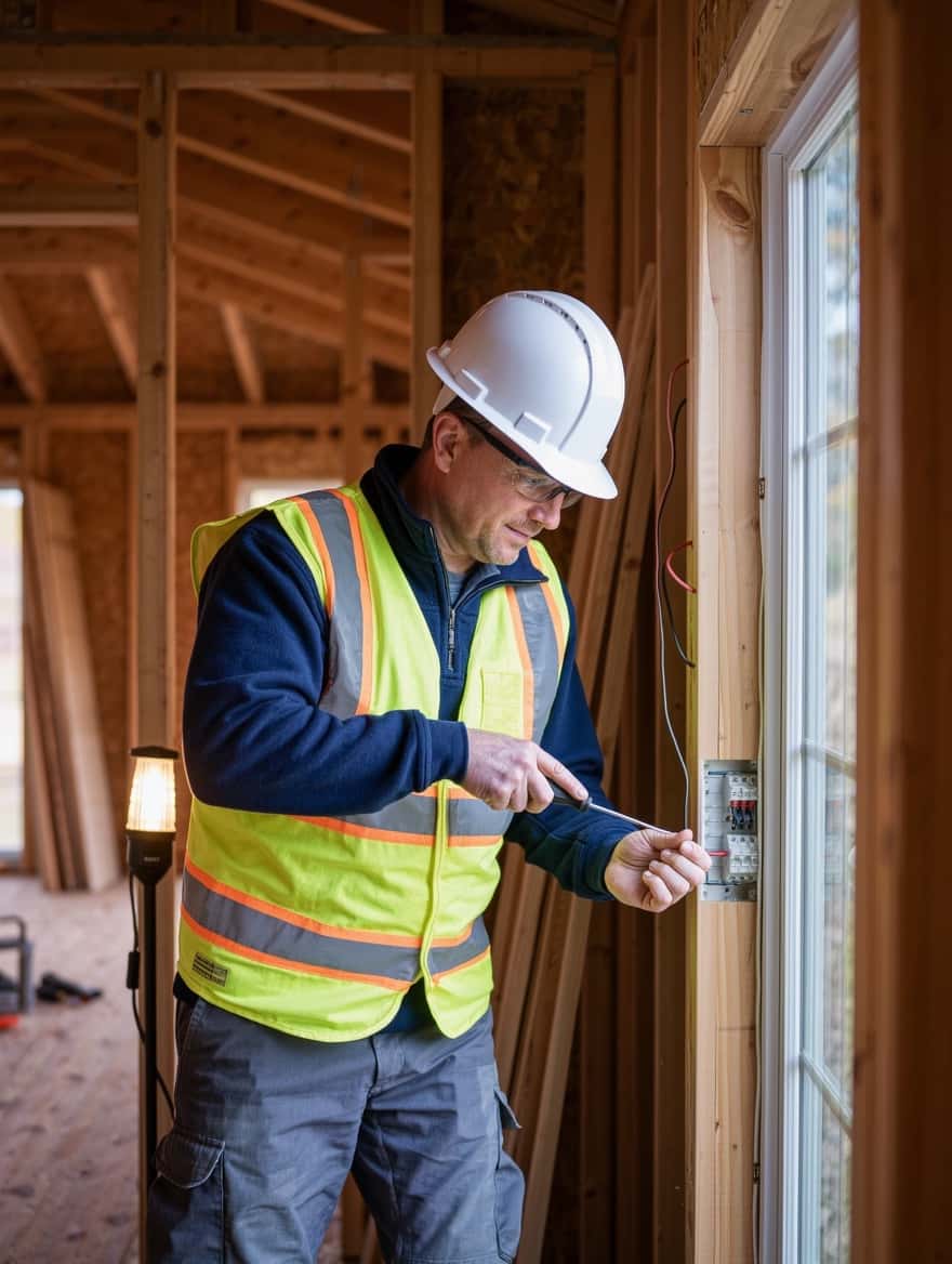 Immigrate to Canada as a tradesperson: an electrician wiring a panel in a new Canadian house