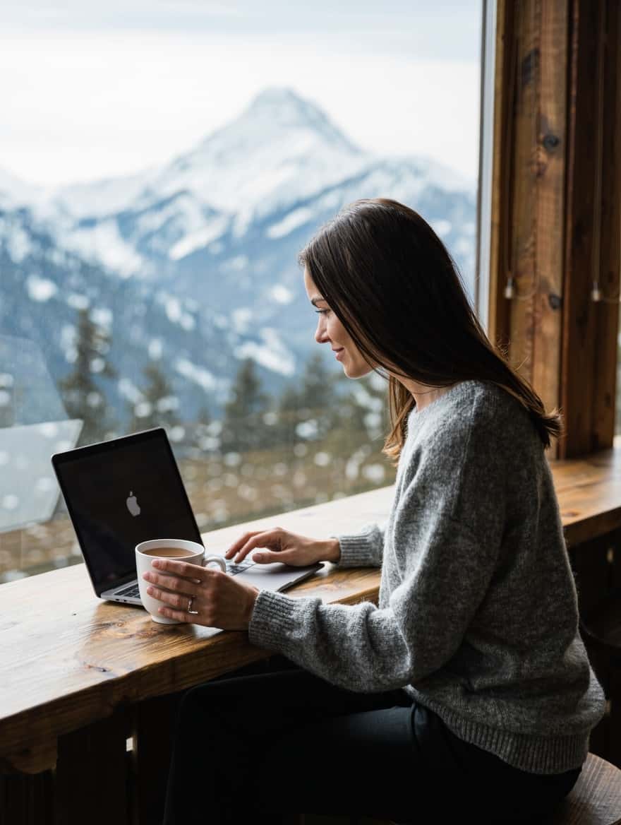 Immigrate to Canada without a job offer: a woman applying online from a table with a mountain view