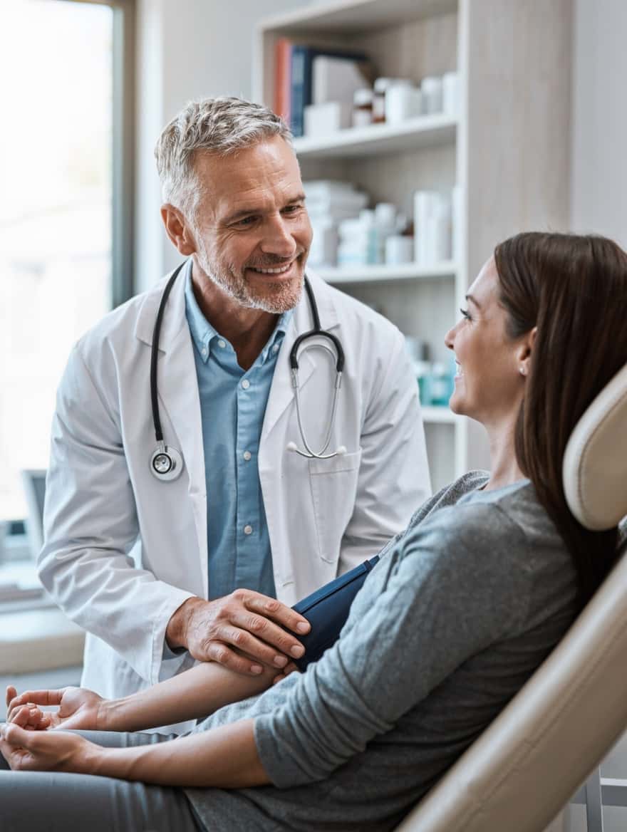 Immigration medical exam in Canada: an IRCC panel physician taking a patient's blood pressure in a clinic
