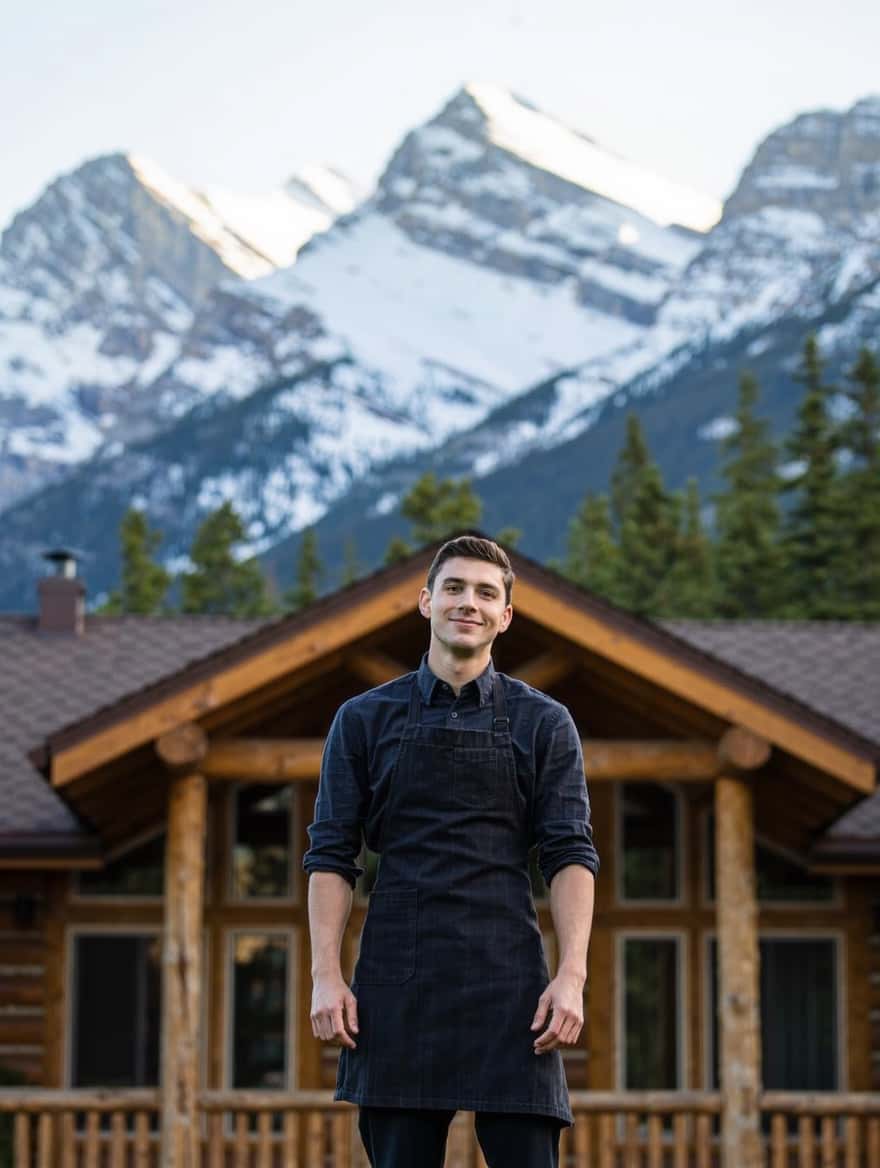 Jobs in Canmore and Banff: a hotel worker outside a mountain lodge with the Three Sisters peaks behind