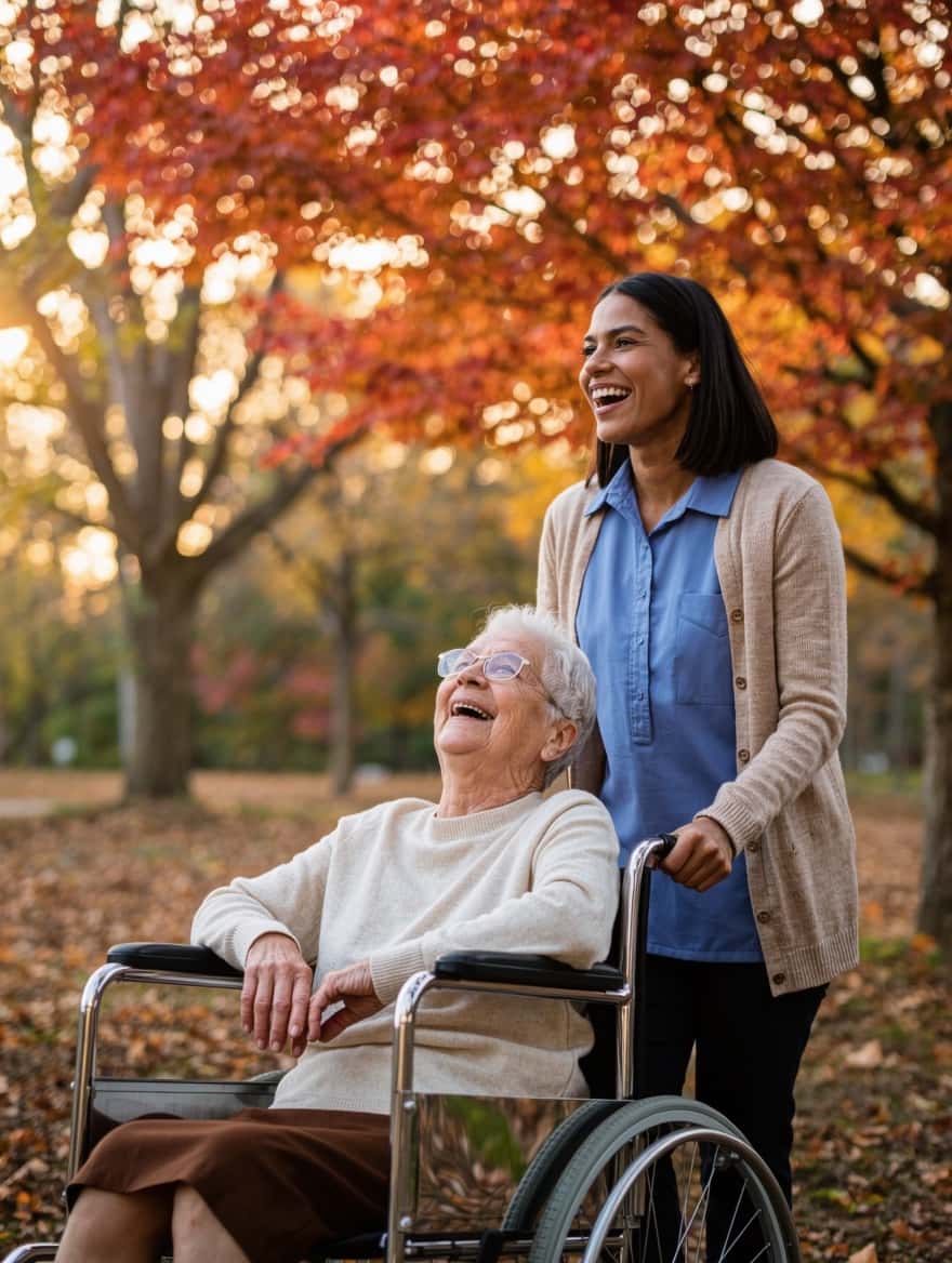 Migrate to Canada from the Philippines: a Filipino caregiver with an elderly client in a Canadian park