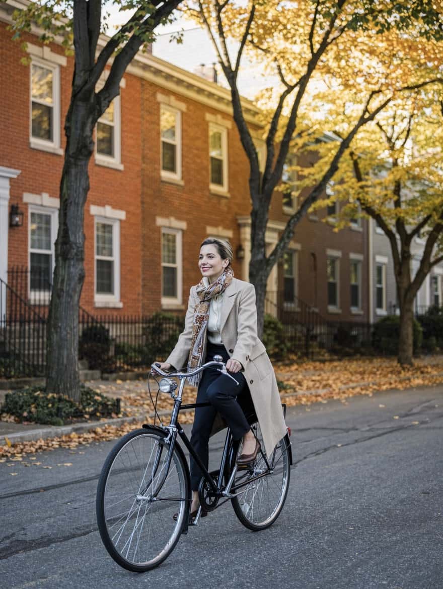 Move to Canada from France: a cyclist on a tree-lined Canadian street in autumn