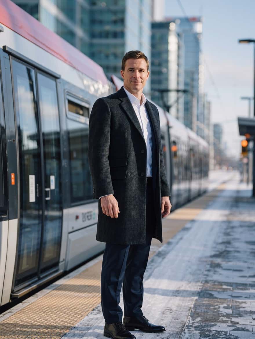 Move to Canada from Germany: a German engineer at a Canadian light-rail platform on a winter morning