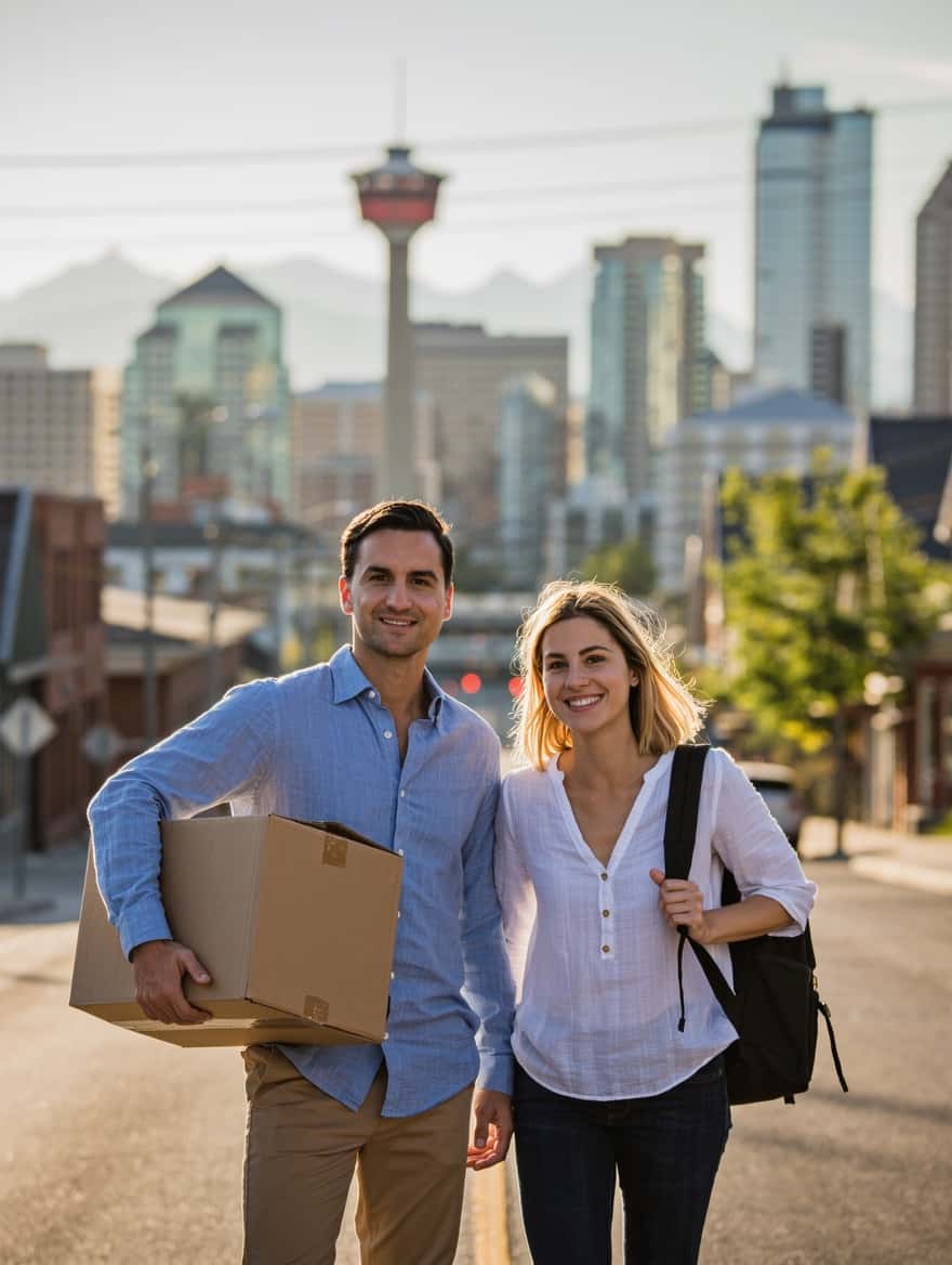 Moving to Calgary: a newcomer couple with a moving box on a Calgary street, the Calgary Tower and Rockies behind