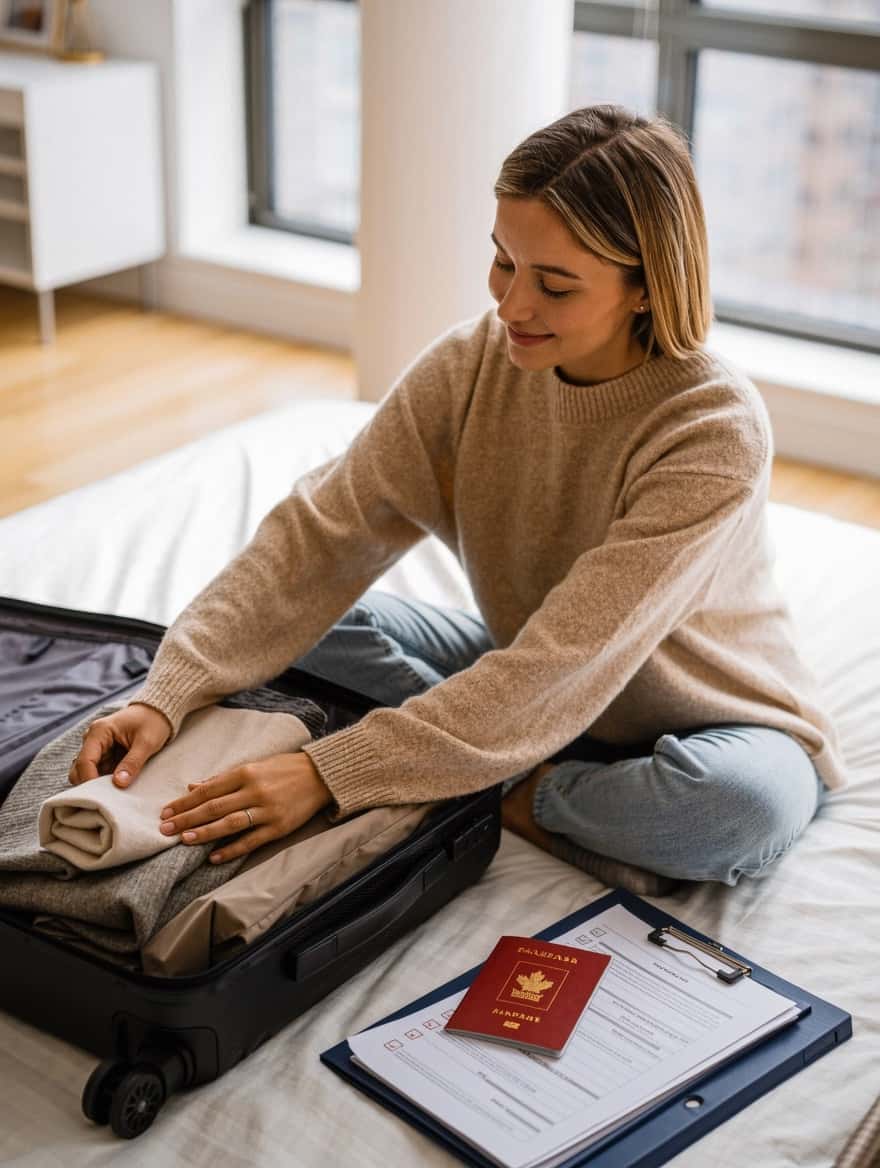 Moving to Canada checklist: a woman packing a suitcase with a passport and document folder beside it