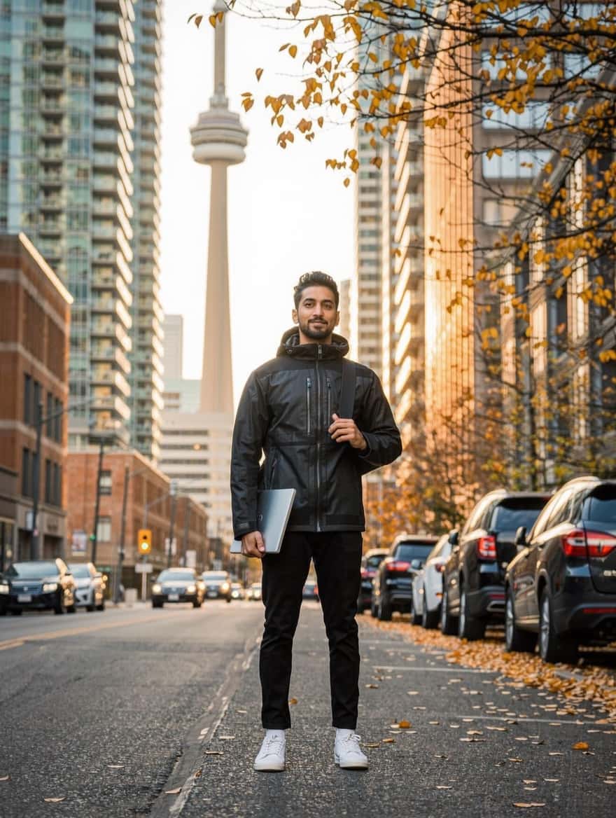 Moving to Canada from India: a software engineer on a downtown Toronto street in autumn