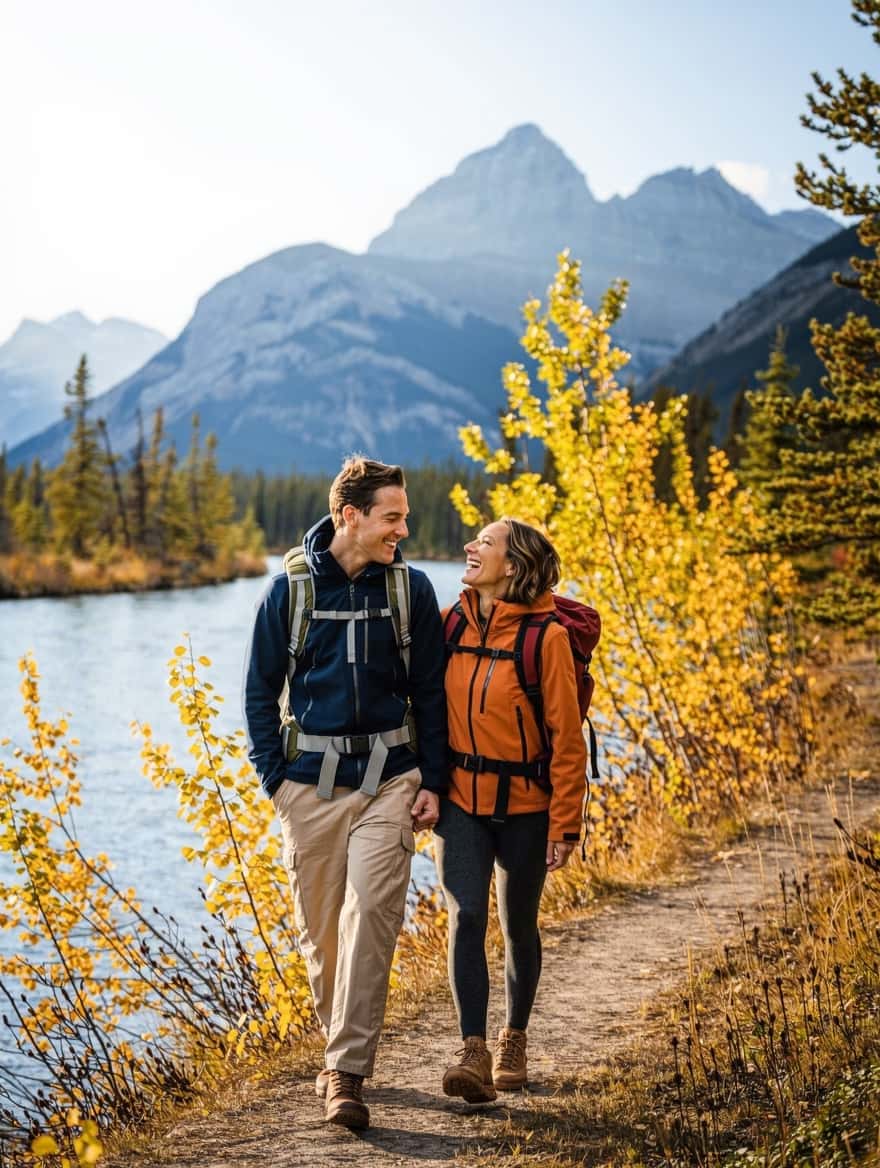 Moving to Canada from Ireland: an Irish couple walking the Bow River path in Banff