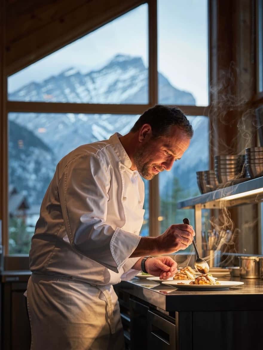 Moving to Canada from Italy: an Italian chef plating in a Canadian mountain-town restaurant