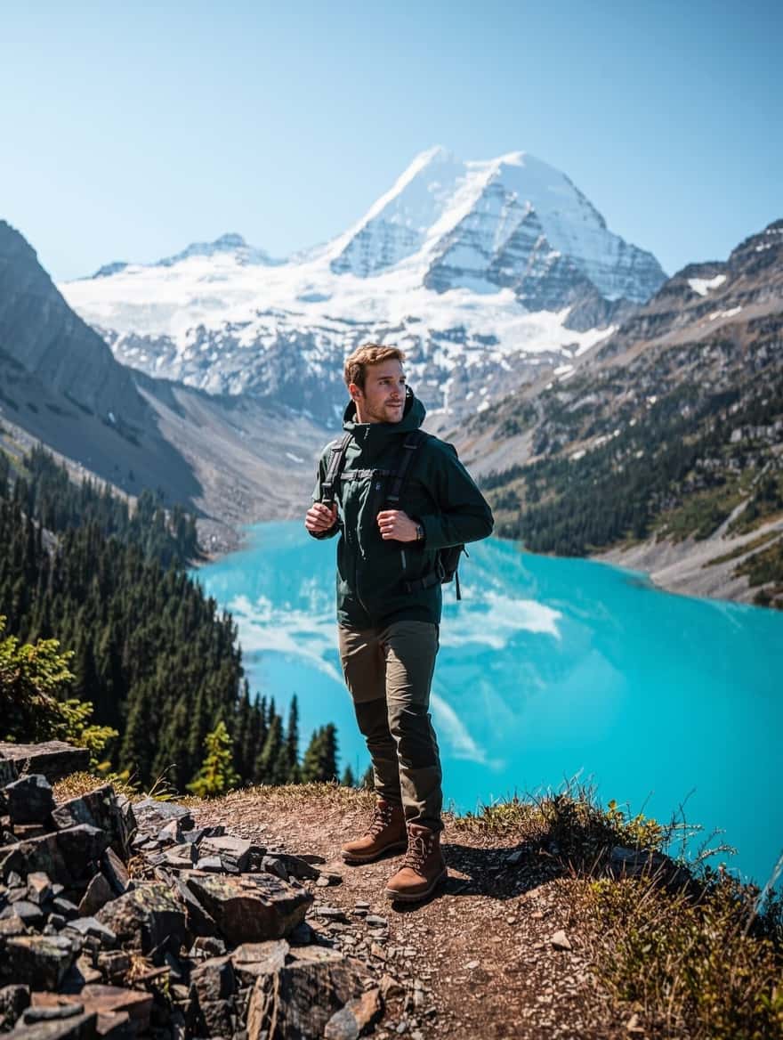 Moving to Canada from New Zealand: a hiker above a glacial lake in the Canadian Rockies