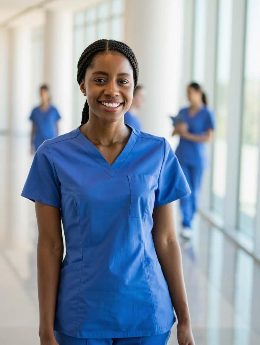 Moving to Canada from Nigeria: a Nigerian nurse in a Canadian hospital corridor