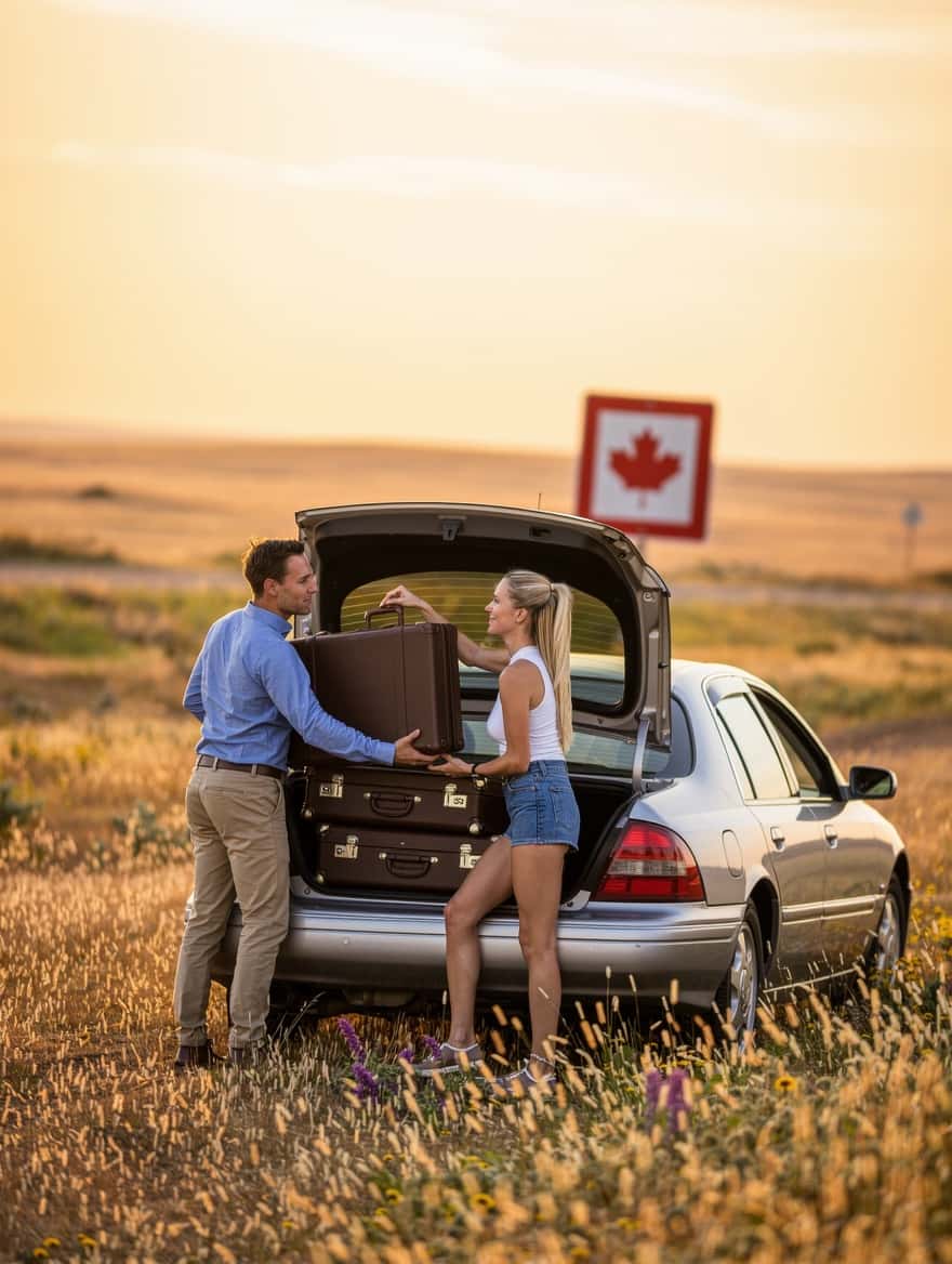 Moving to Canada from the US: a couple loading a car for the drive north to the border