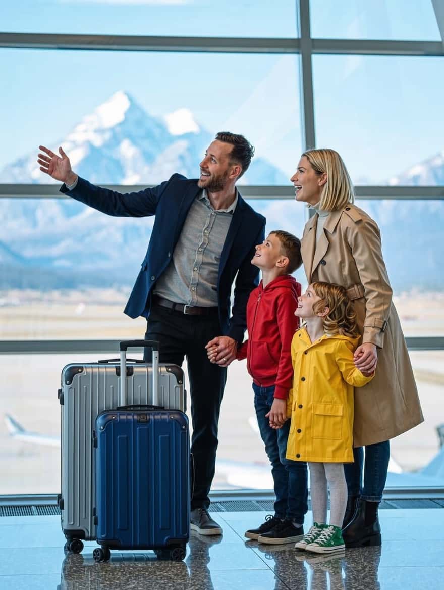Moving to Canada from the UK: a British family at arrivals with the Rockies through the window