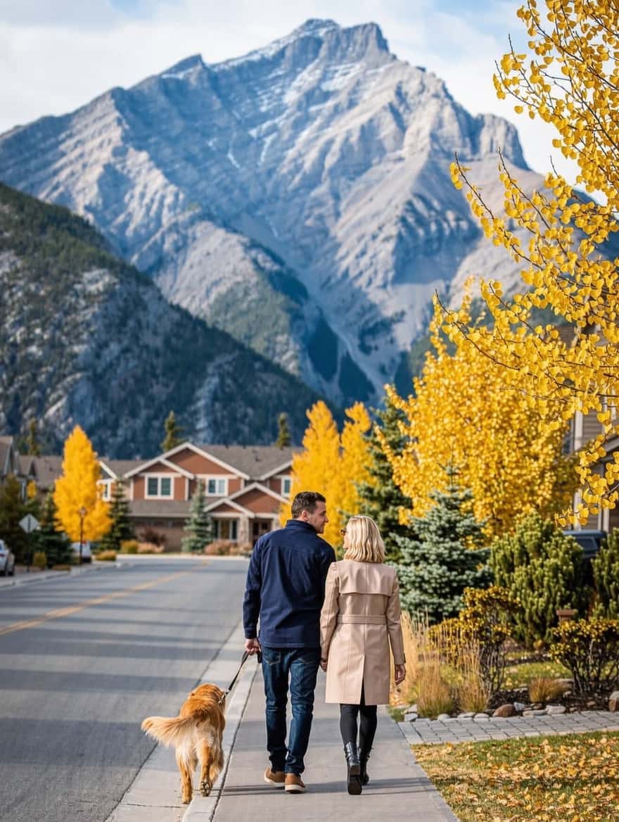 Moving to Canmore: a couple walking a dog on a residential street below the Three Sisters