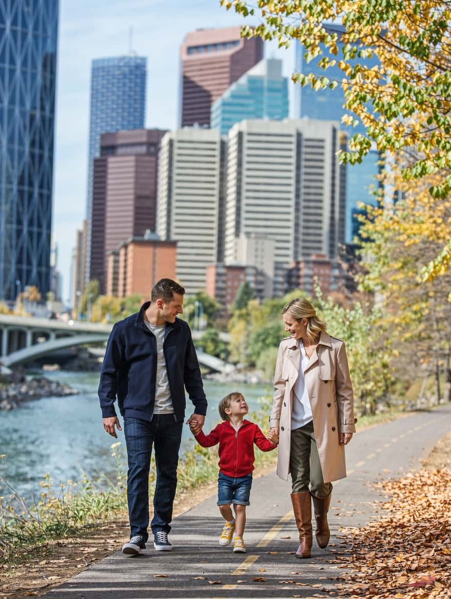 Moving to Edmonton: a newcomer family walking the river valley trail with the Edmonton skyline behind