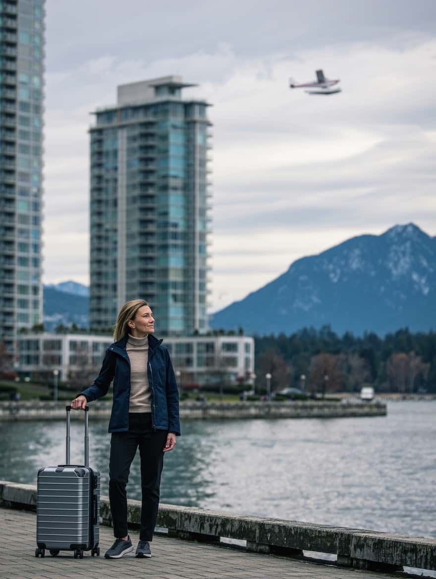 Moving to Vancouver: a newcomer with a suitcase on the seawall looking at the towers and North Shore mountains
