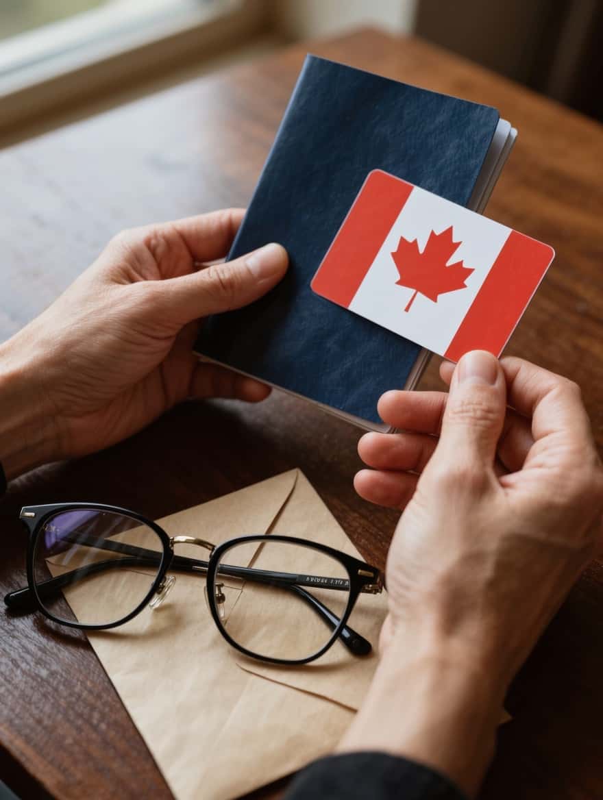 PR card renewal in Canada: hands holding a passport and a maple-leaf card over a desk