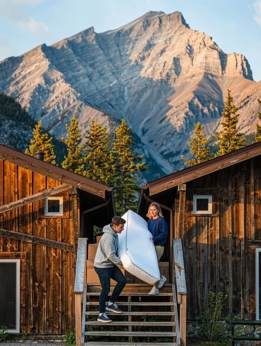 Renting in Canmore and Banff: two roommates carrying a mattress into a mountain townhouse