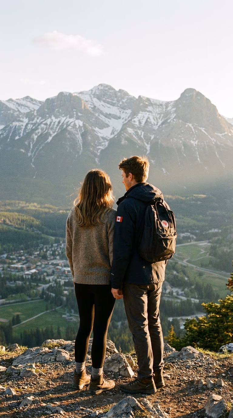 Calgary immigration consultant Wild Mountain Immigration: a couple looking out over the Canadian Rockies west of Calgary, Alberta