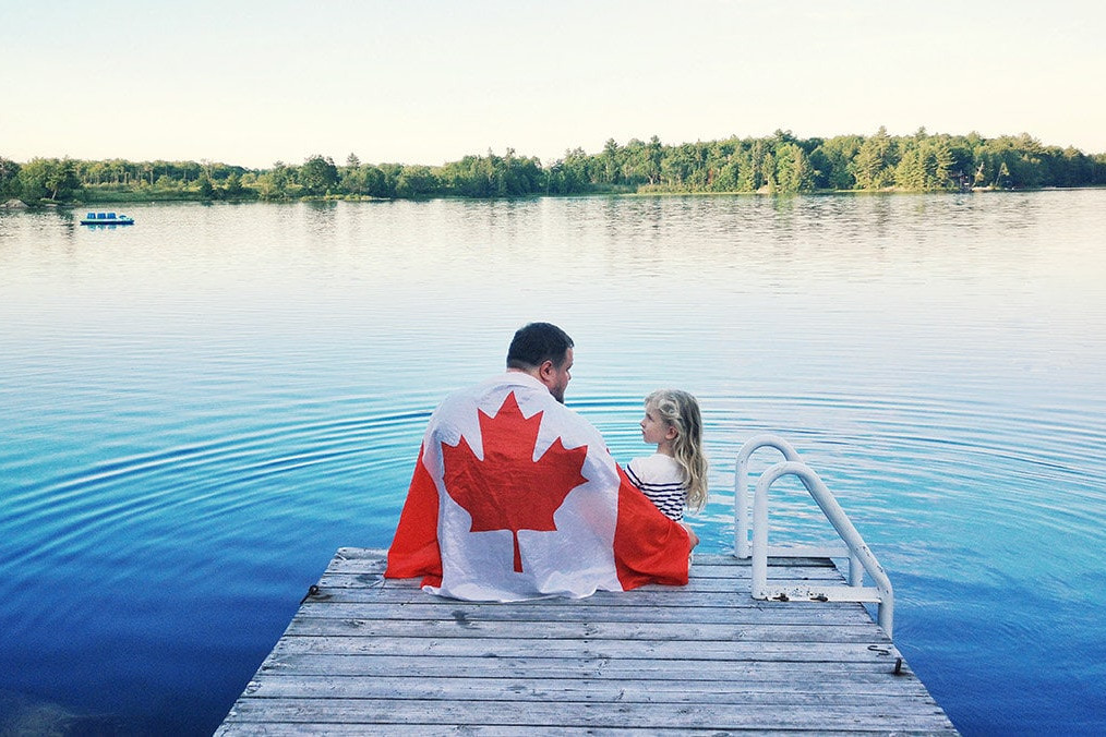 Canadian flag and family