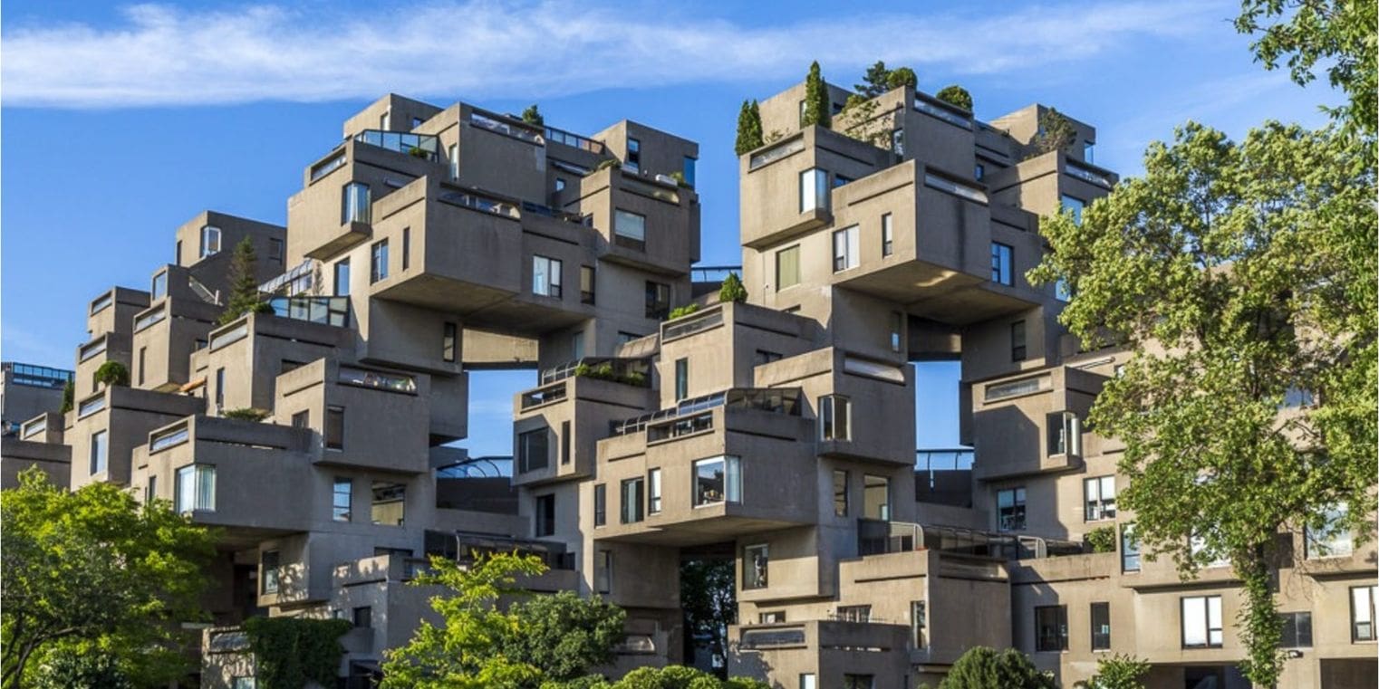 Habitat 67 in Montreal showcasing innovative urban design, reflecting the city's deep cultural lifestyle in a comparison with Vancouver's focus on outdoor activities