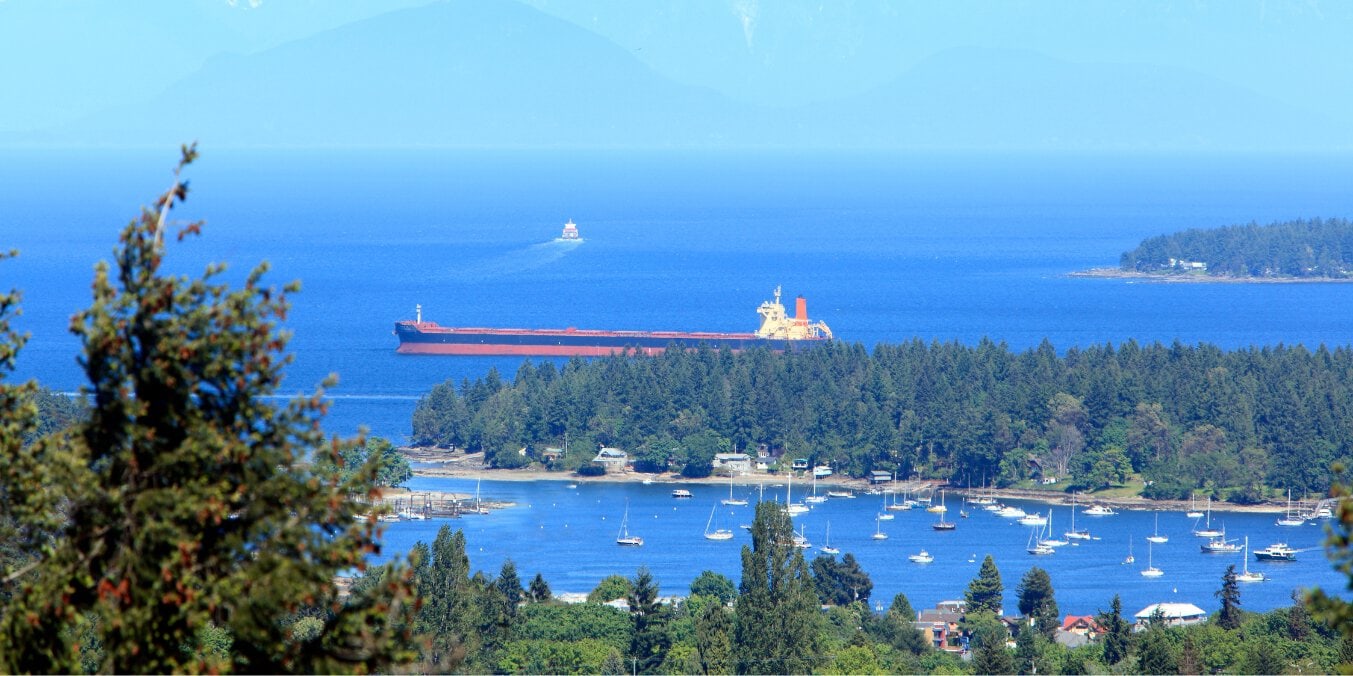 A scenic view of boats and a cargo ship on the water near a forested coastline in Vancouver Island, showcasing why it's considered one of the best places to live on Vancouver