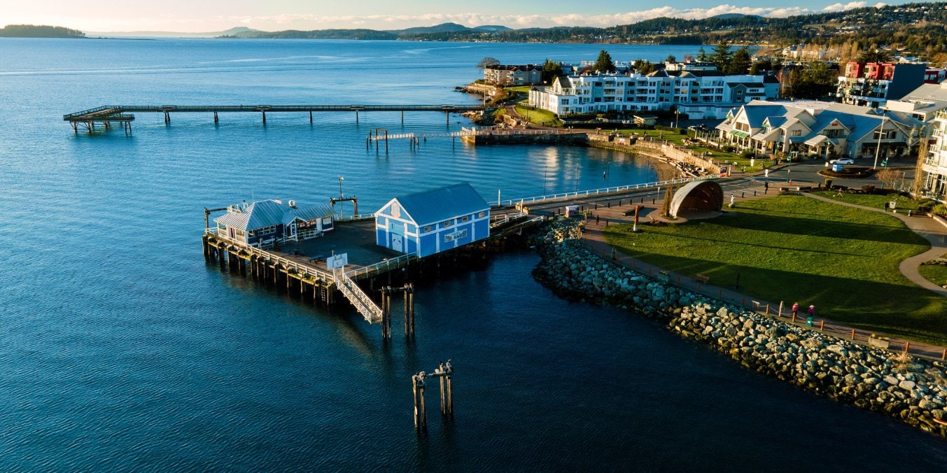 Aerial view of Sidney's waterfront with docks, buildings, and green spaces, highlighting why it is one of the best places to live on Vancouver Island