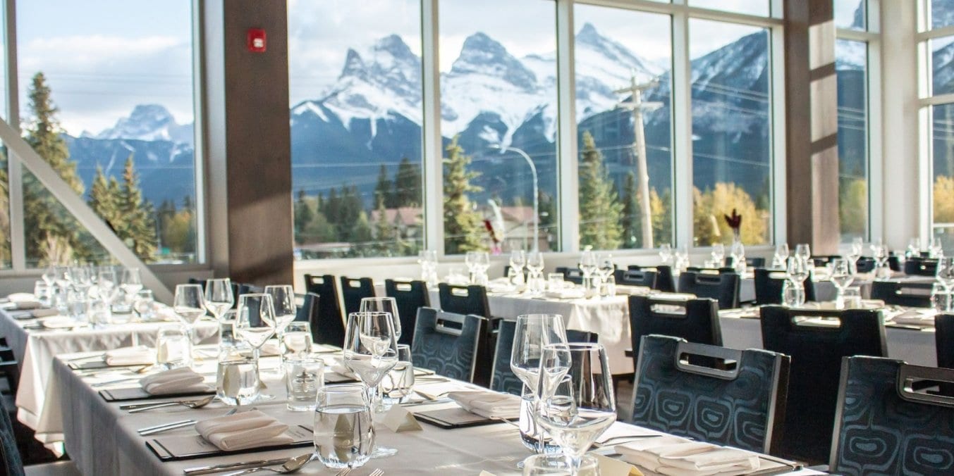 Dining area with mountain views at The Sensory Experience Space offering the best breakfast in Canmore