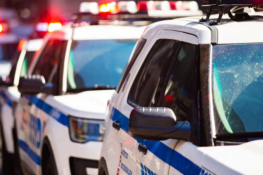 A row of police vehicles with flashing lights, lined up on a city street, relevant to the Alberta PR program.