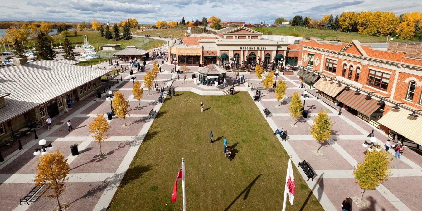 Aerial view of Heritage Park Historical Village, showcasing historical fun activities in Calgary