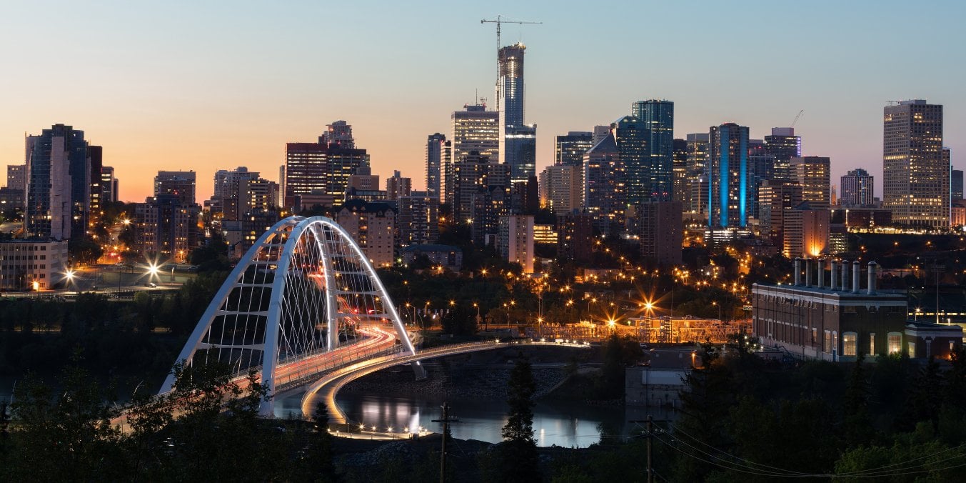 Edmonton skyline at sunset featuring the Walterdale Bridge, illustrating why Edmonton is the best place to live in Alberta