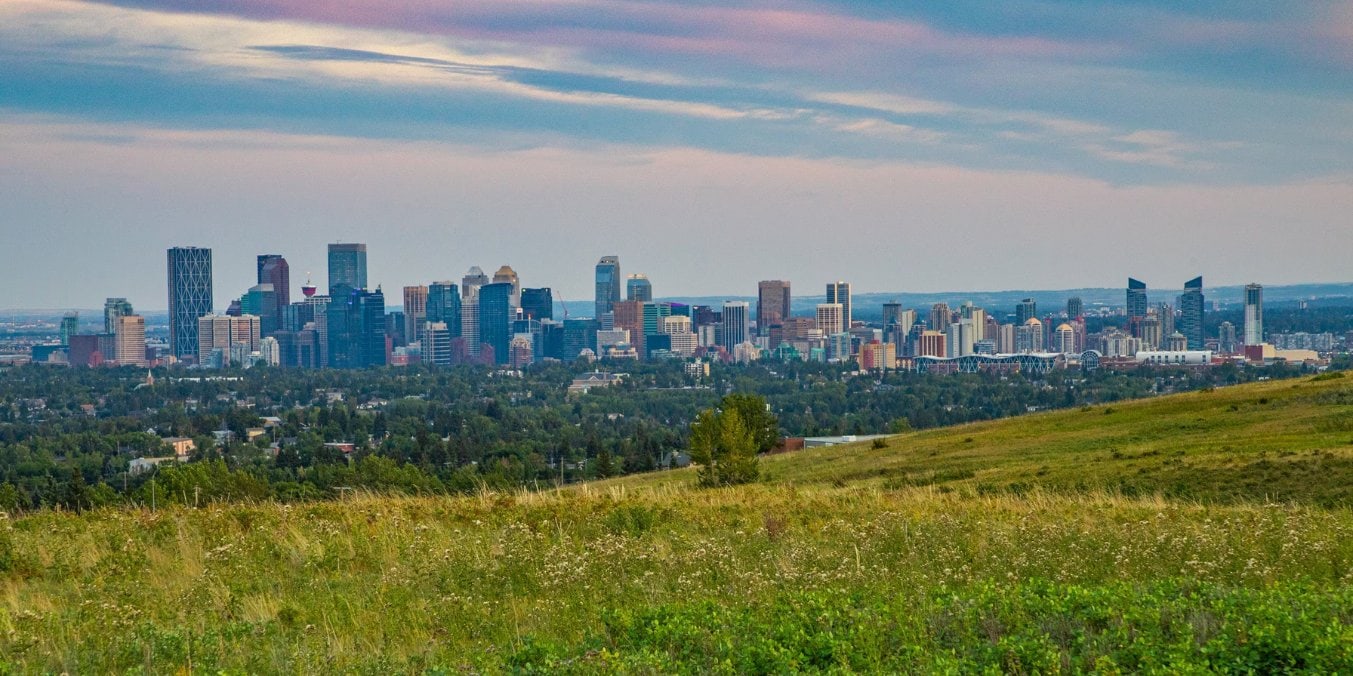 Panoramic view of Calgary skyline from Nose Hill Park, showcasing outdoor fun activities in Calgary