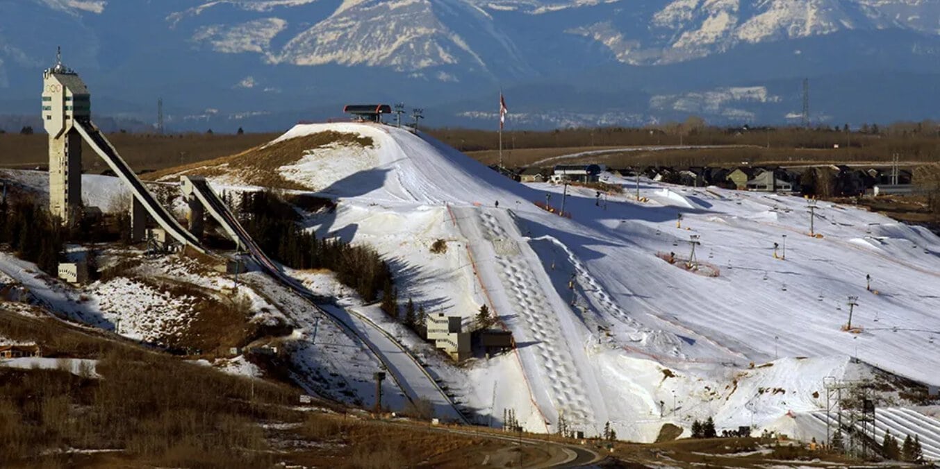 Snow-covered slopes at Canada Olympic Park, a popular spot for winter fun activities in Calgary