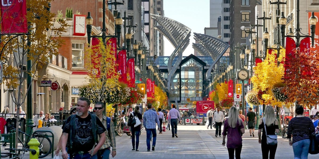 People walking along Stephen Avenue, enjoying cultural fun activities in Calgary