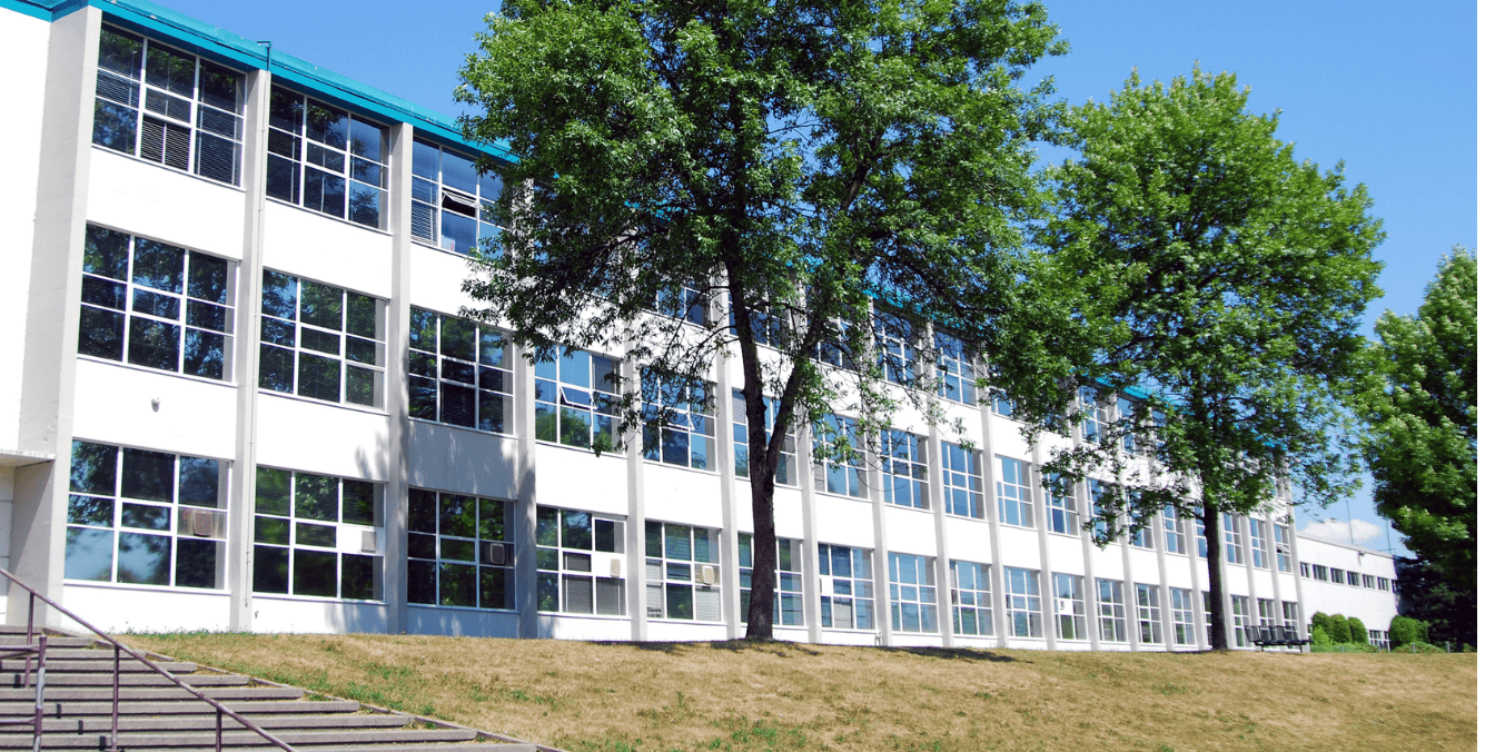 A modern school building with large windows and surrounded by trees, representing the high-quality education system that attracts many families moving to Canada.