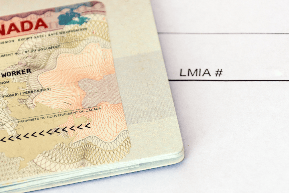 Canadian work visa next to Labour Market Impact Assessment (LMIA) document, highlighting LMIA processing time for foreign worker applications.