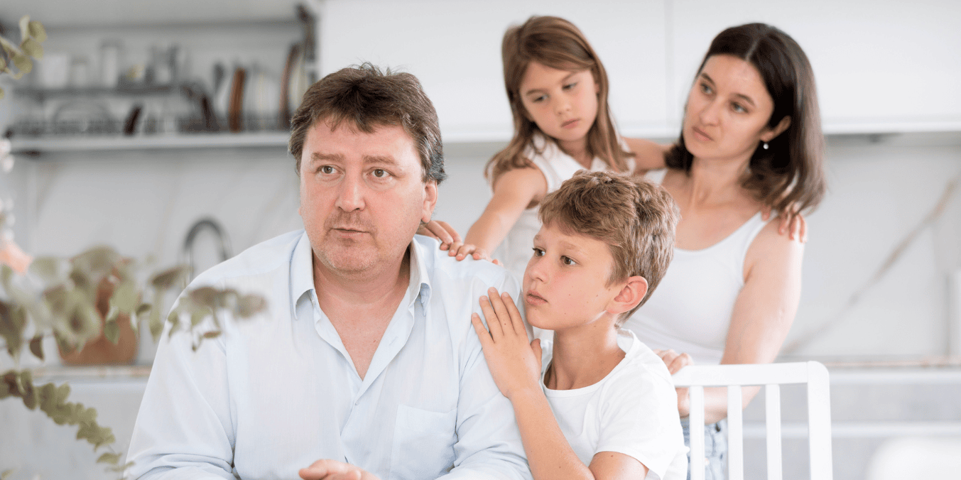 Family sitting together with serious expressions. Represents the emotional challenges in a conjugal relationship. What is conjugal relationship?