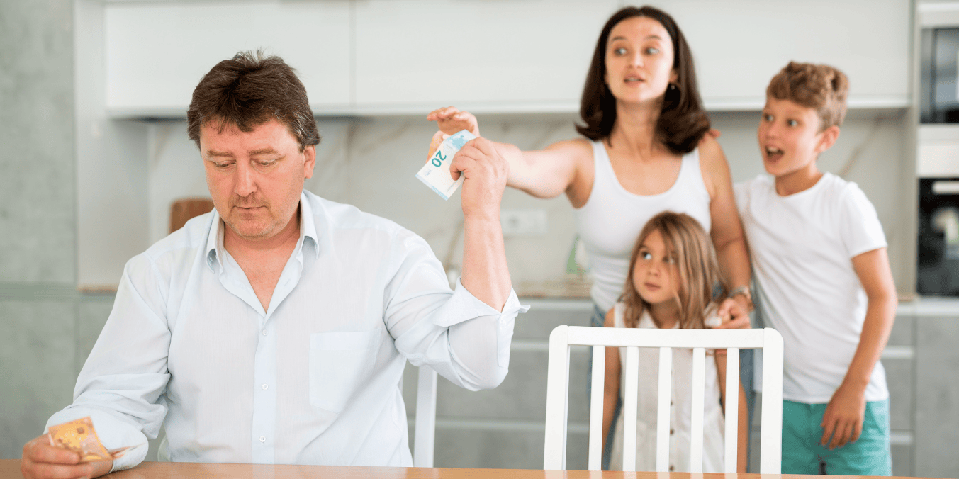 Family in a playful moment involving money, illustrating the dynamics of financial interdependence in a conjugal relationship. What is conjugal relationship?