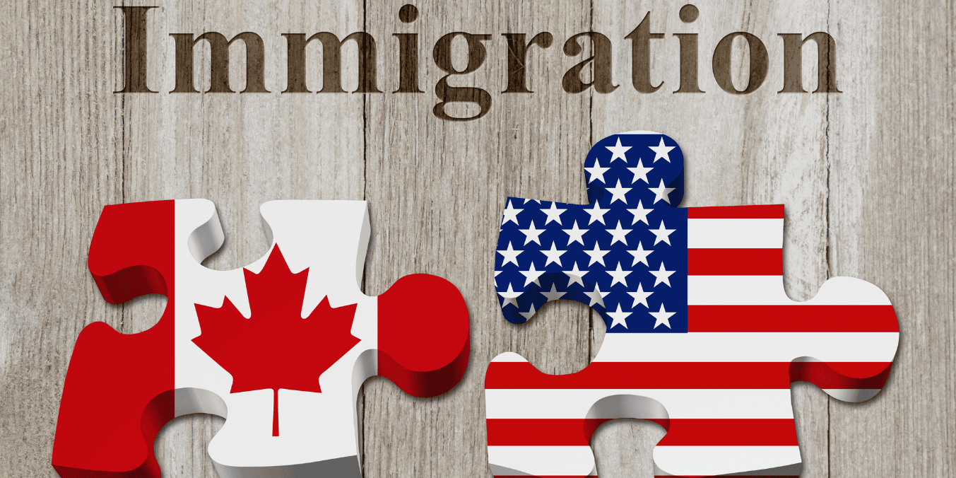 Canadian and U.S. flags on puzzle pieces fitting together, symbolizing the connection and complexities of immigration between Canada and the United States.