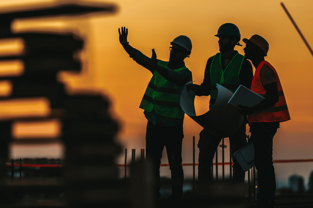 Three construction workers wearing safety vests and helmets review plans at a construction site during sunset, with one worker pointing ahead as they discuss the project.